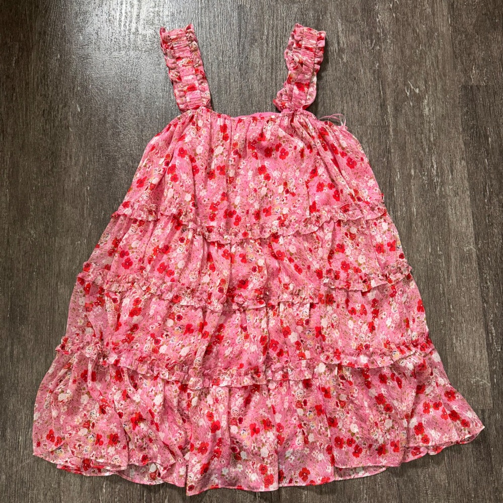 Social House Mini Dress Women L Pink Floral Tiered Ruffle Strap Square Neck Boho